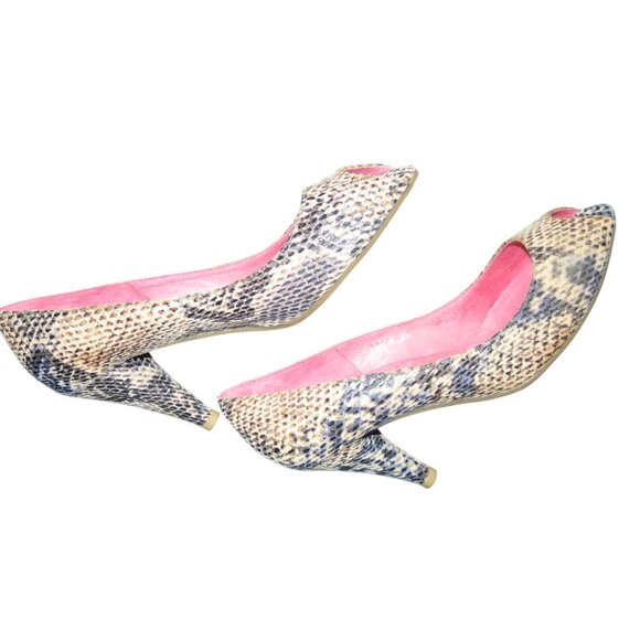 Crown Vintage Natural & Blue Python Embossed Leather Peep toe pumps size 8.5 - Picture 6 of 12